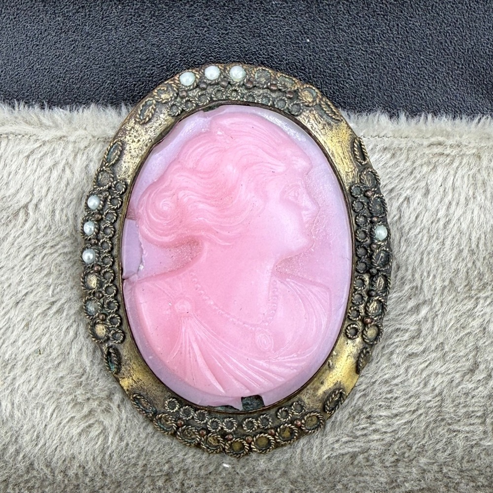 Vintage Cameo Brooch Gold Tone Pink READ